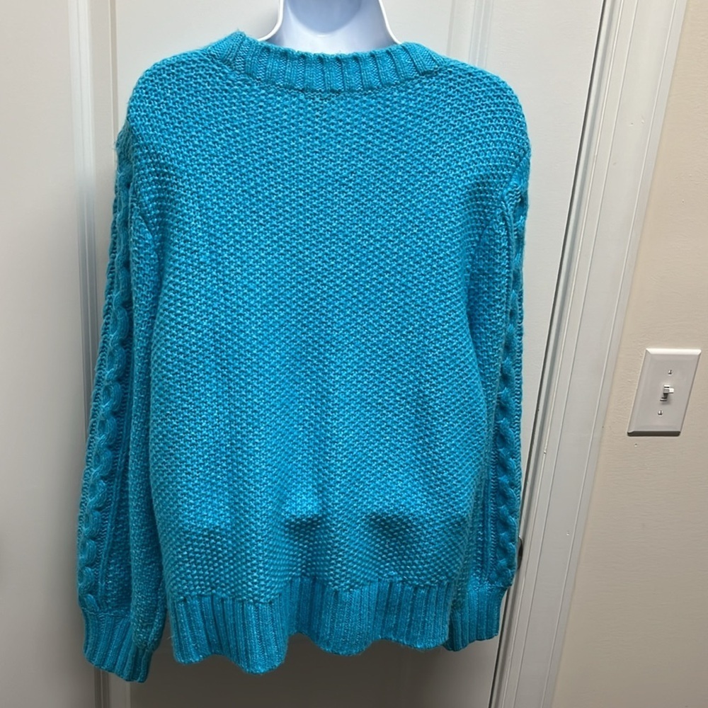 Talbots Turquoise Blue Cable Knit Pointelle Puff Sleeve Sweater - XL Petite - Picture 10 of 10